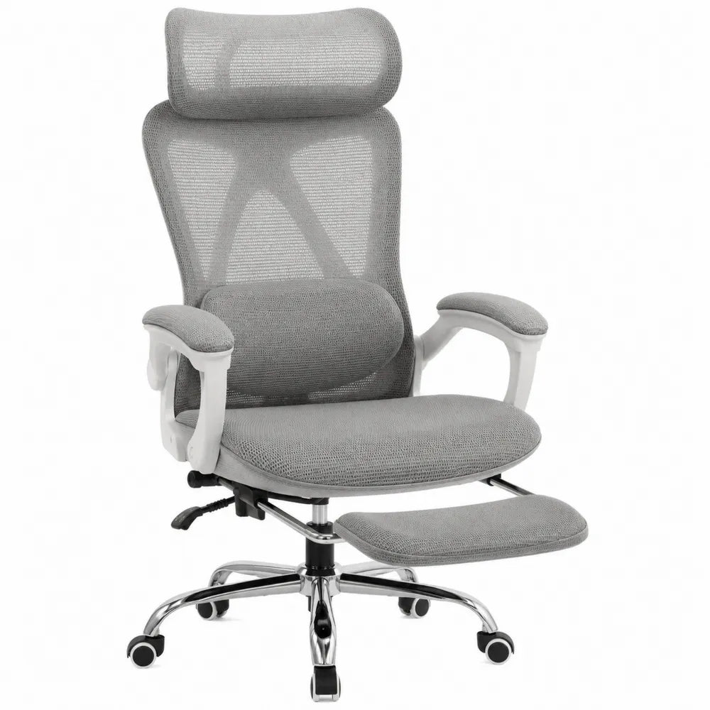 Sedia da ufficio ergonomica in rete grigia con poggiapiedi regolabile