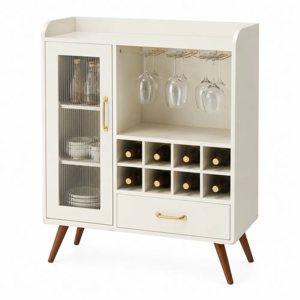 Credenza in legno bianco con anta in vetro e portabicchieri
