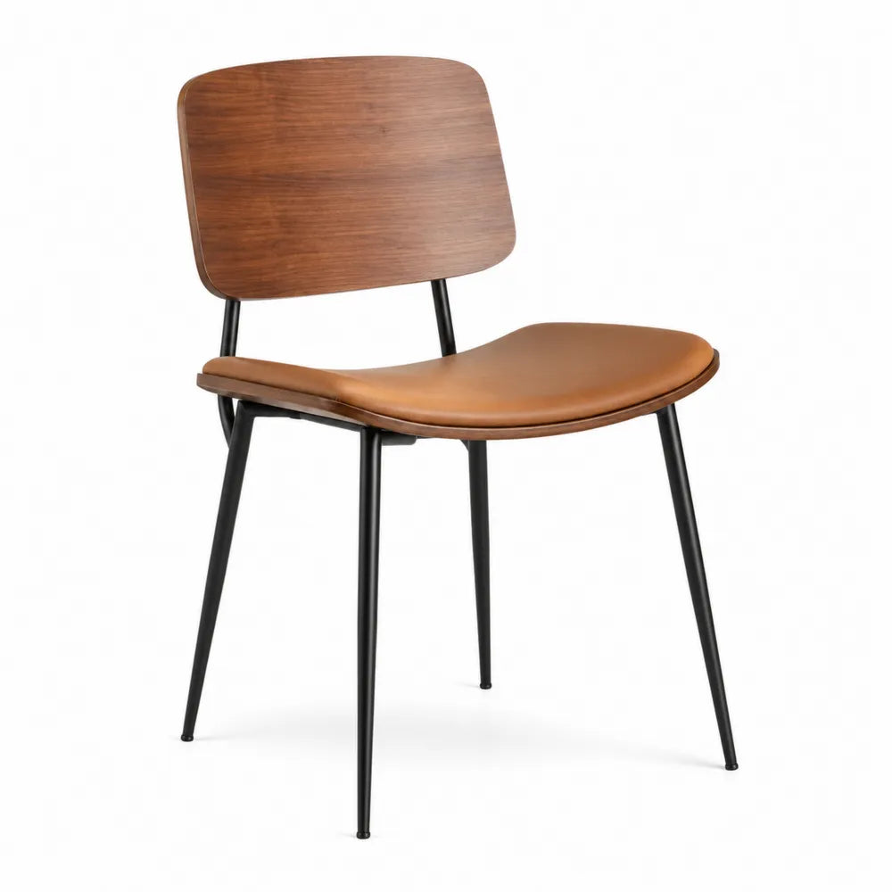 Sedia in legno e cuoio sintetico con gambe in metallo