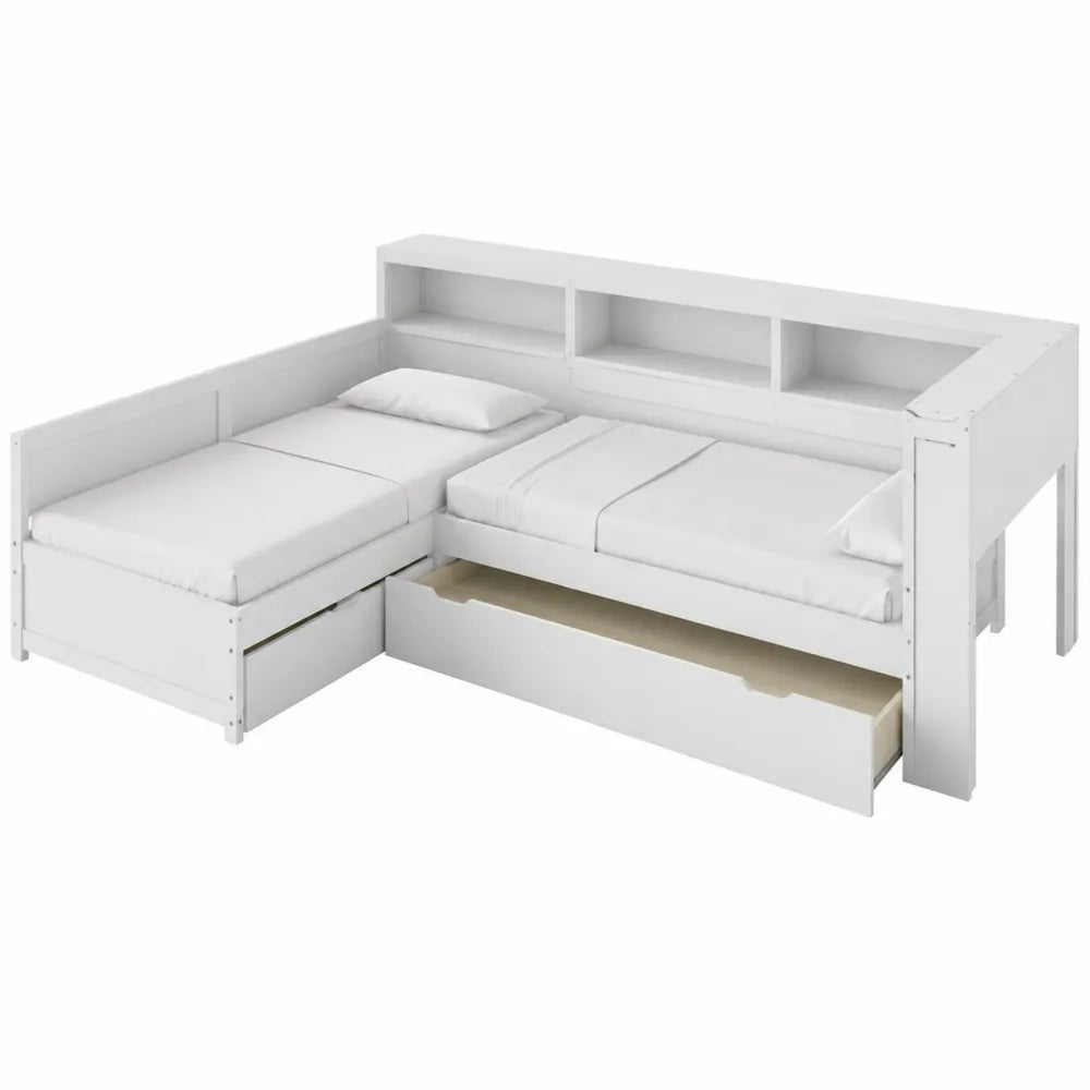 Letto angolare in legno bianco con cassetto e mensole integrate