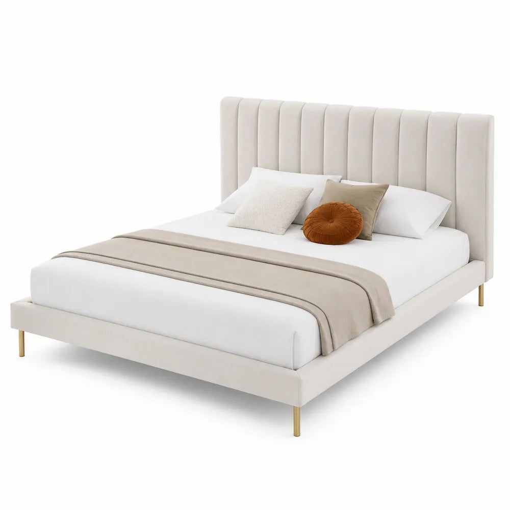 Letto matrimoniale in tessuto con testiera imbottita e gambe in metallo beige 200x160 cm