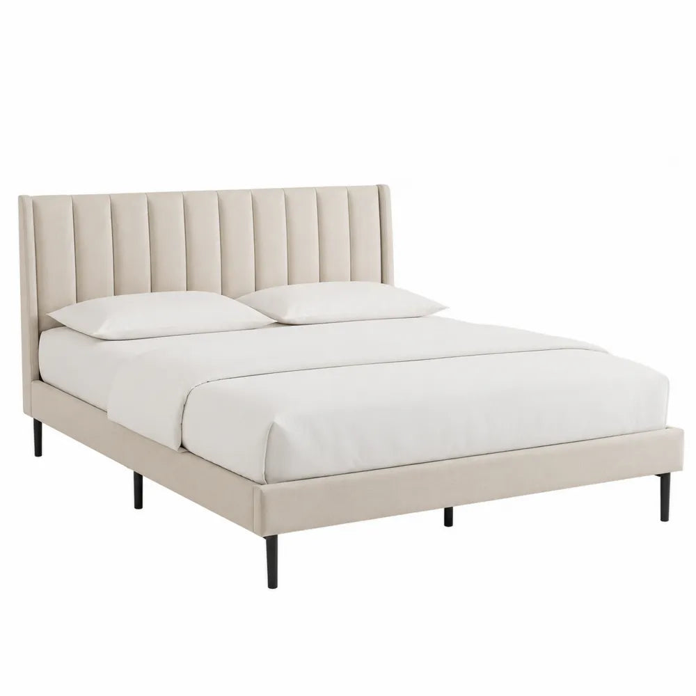 Letto matrimoniale in tessuto beige con testiera imbottita