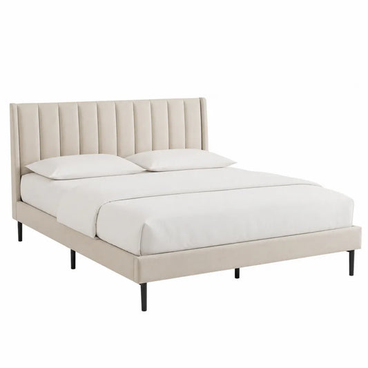 Letto matrimoniale in tessuto beige con testiera imbottita