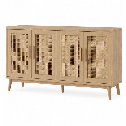 Credenza in legno rovere e rattan con 4 ante