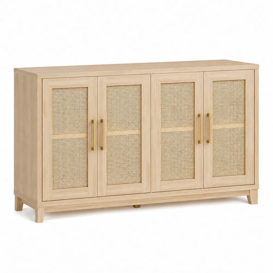 Credenza in legno di quercia con ante in rattan intrecciato