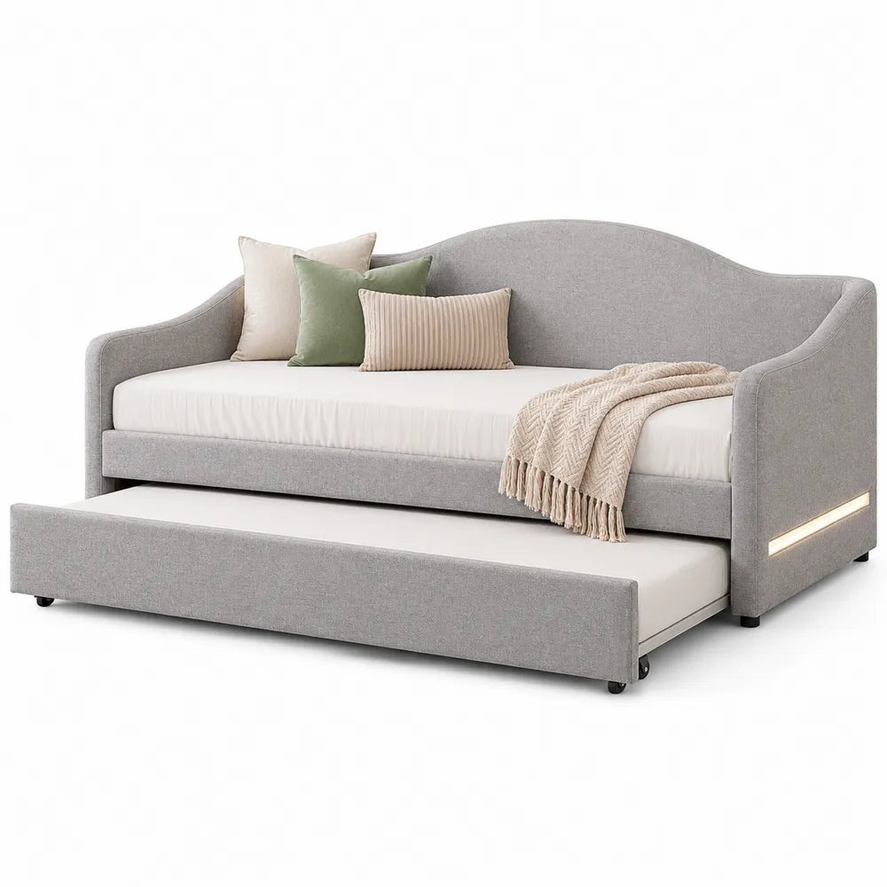 Divano letto in tessuto con letto estraibile e cuscini
