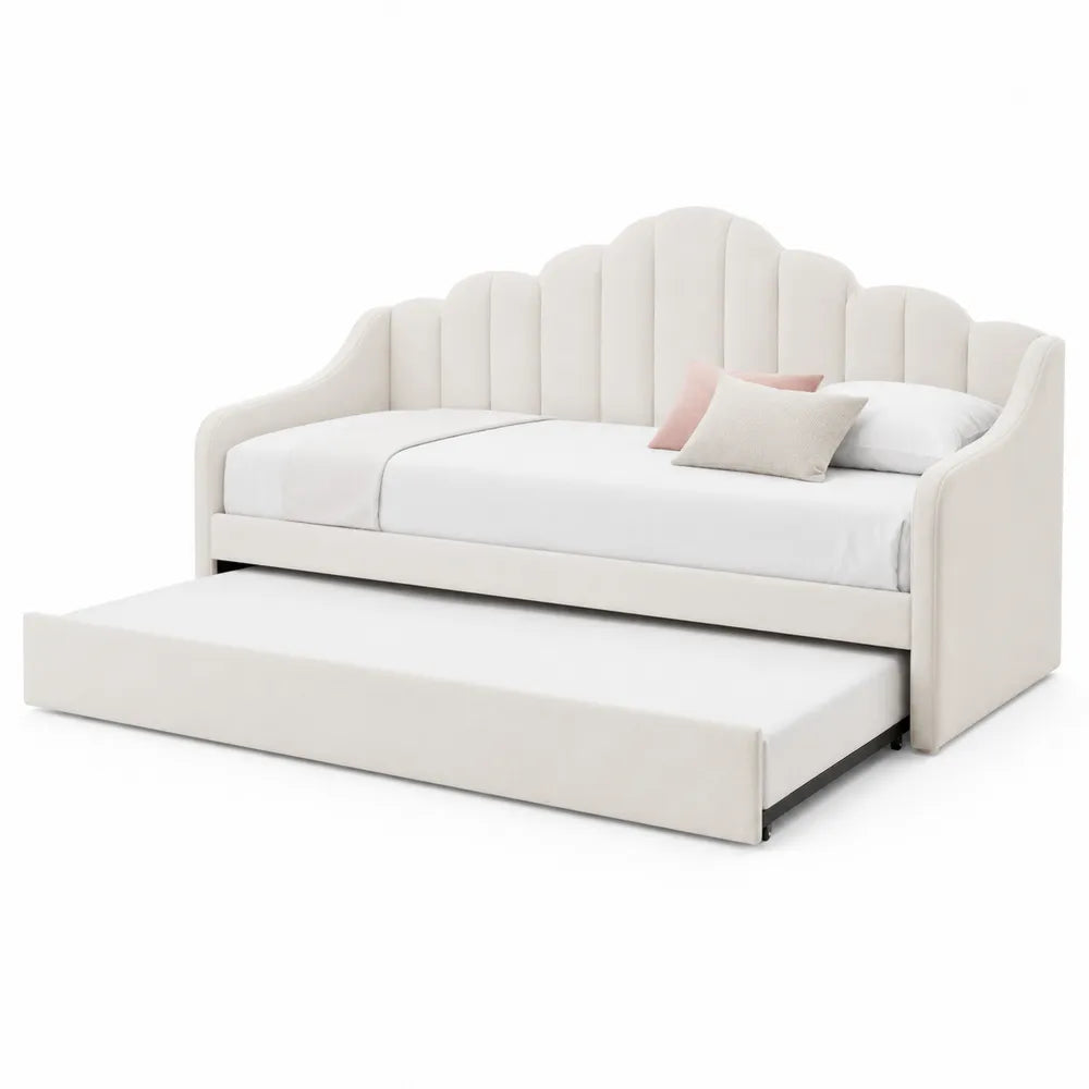 Divano letto in tessuto vellutato bianco con secondo letto estraibile