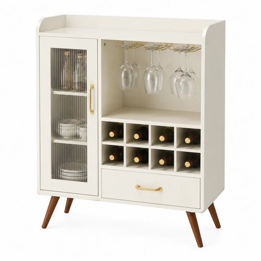 Credenza in legno bianco con anta in vetro e portabicchieri