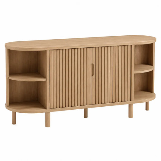 Credenza in legno di rovere chiaro con ante scorrevoli e scaffali laterali