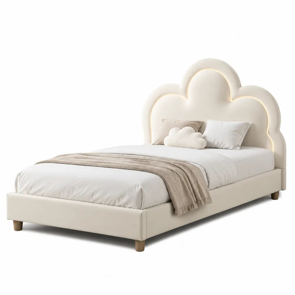 Letto singolo beige in legno e tessuto con testata nuvola LED