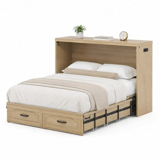 Letto a scomparsa con armadio in legno e metallo, 200x150 cm, rovere naturale